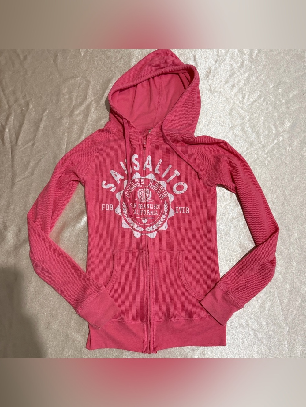Color Story Y2K Hot Pink Waffle Knit Full Zip Hoodie Sausalito CA Graphic Small
